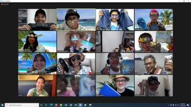 A screen shot of a Zoom meeting with sixteen people catching up.