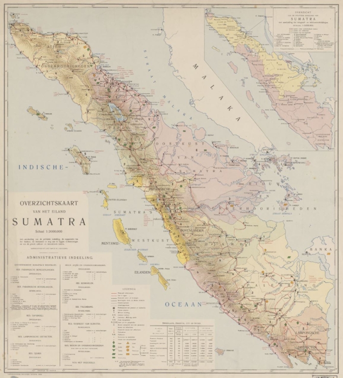 Overzichtskaart van het eiland Sumatra, geproduceerd door de Topografische Inrichting te Batavia in 1908